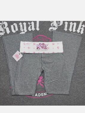 LOVE SHACK FANCY BY PINK Gray Leggings with White & Pink Fold-Over